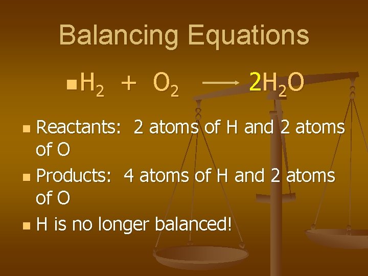 Balancing Equations n H 2 + O 2 2 H 2 O Reactants: 2