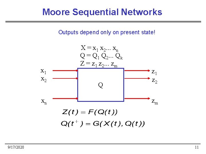 Moore Sequential Networks Outputs depend only on present state! x 1 x 2 xn Moore Sequential Networks Outputs depend only on present state! x 1 x 2 xn