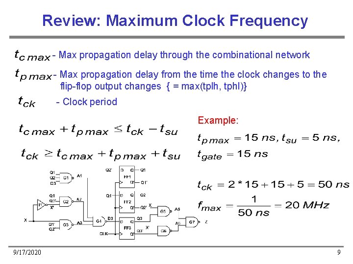 Review: Maximum Clock Frequency - Max propagation delay through the combinational network - Max Review: Maximum Clock Frequency - Max propagation delay through the combinational network - Max