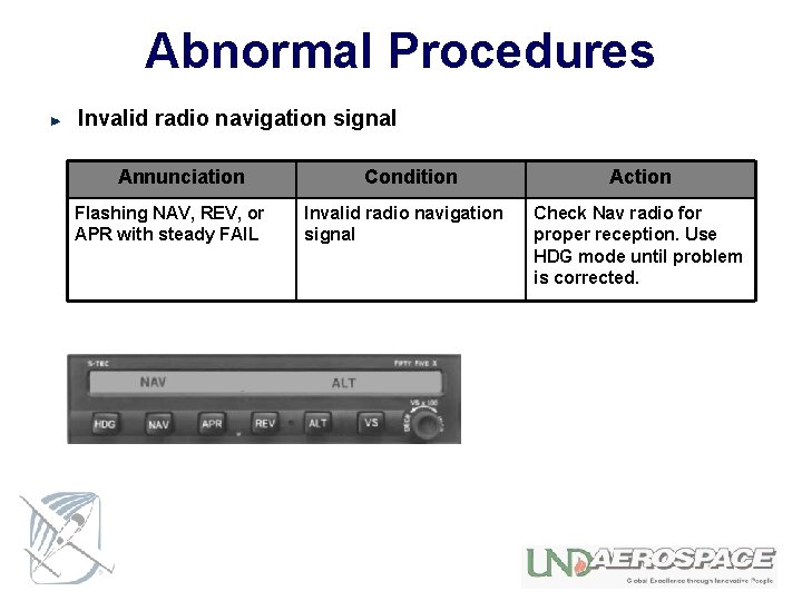 Abnormal Procedures Invalid radio navigation signal Annunciation Flashing NAV, REV, or APR with steady