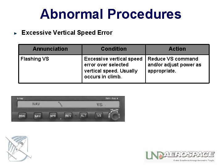 Abnormal Procedures Excessive Vertical Speed Error Annunciation Flashing VS Condition Excessive vertical speed error