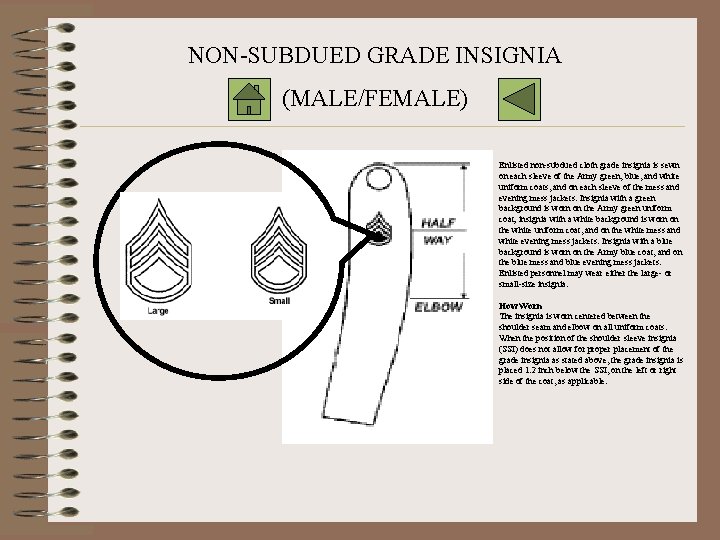 NON-SUBDUED GRADE INSIGNIA (MALE/FEMALE) Enlisted non-subdued cloth grade insignia is sewn on each sleeve