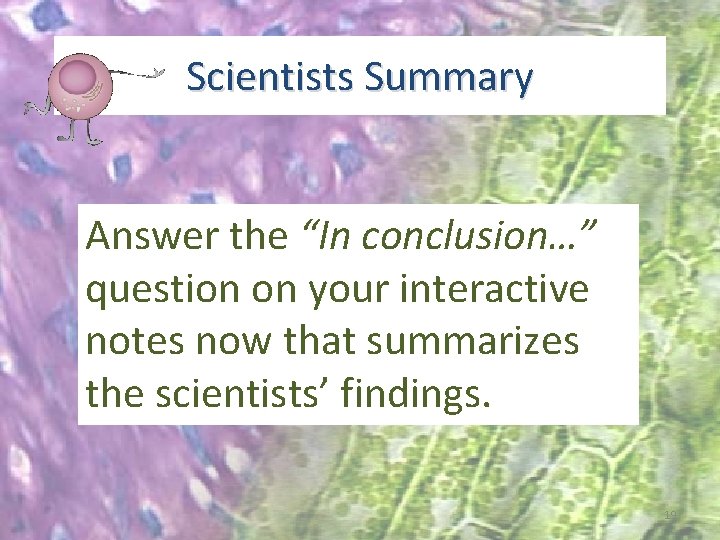 Scientists Summary Answer the “In conclusion…” question on your interactive notes now that summarizes