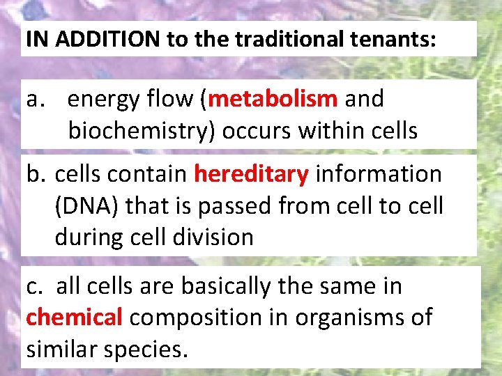 IN ADDITION to the traditional tenants: a. energy flow (metabolism and biochemistry) occurs within