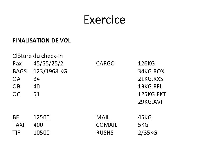 Exercice FINALISATION DE VOL Clôture du check-in Pax 45/55/25/2 BAGS 123/1968 KG OA 34 Exercice FINALISATION DE VOL Clôture du check-in Pax 45/55/25/2 BAGS 123/1968 KG OA 34