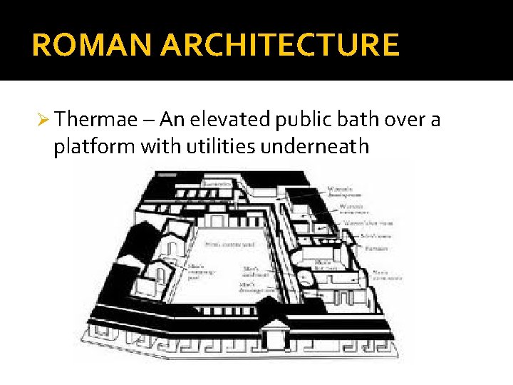 ROMAN ARCHITECTURE Ø Thermae – An elevated public bath over a platform with utilities