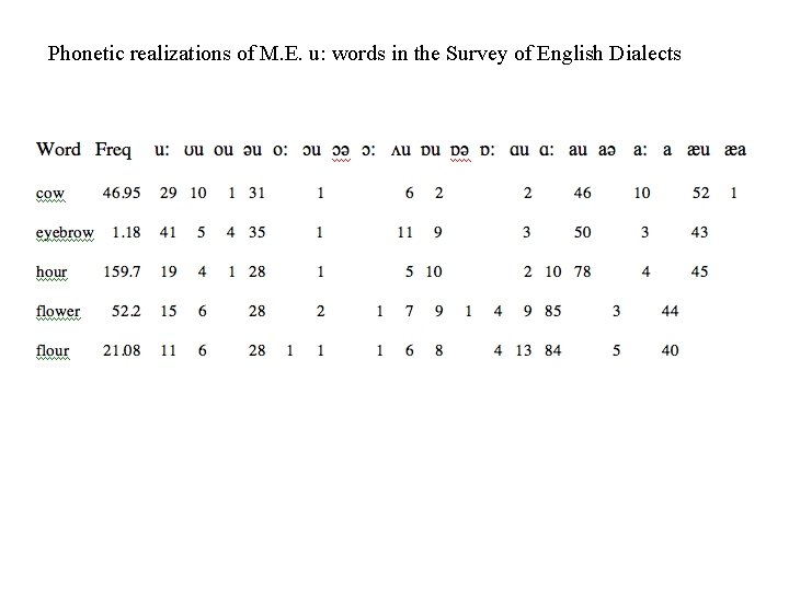 Phonetic realizations of M. E. u: words in the Survey of English Dialects 
