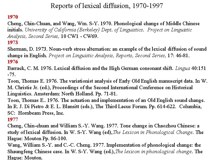 Reports of lexical diffusion, 1970 -1997 1970 Cheng, Chin-Chuan, and Wang, Wm. S-Y. 1970.