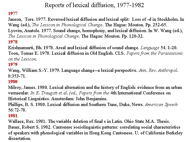 Reports of lexical diffusion, 1977 -1982 1977 Janson, Tore. 1977. Reversed lexical diffusion and