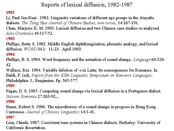 Reports of lexical diffusion, 1982 -1987 1982 Li, Paul Jen-Kuei. 1982. Linguistic variations of