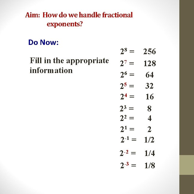 Aim: How do we handle fractional exponents? Do Now: Fill in the appropriate information