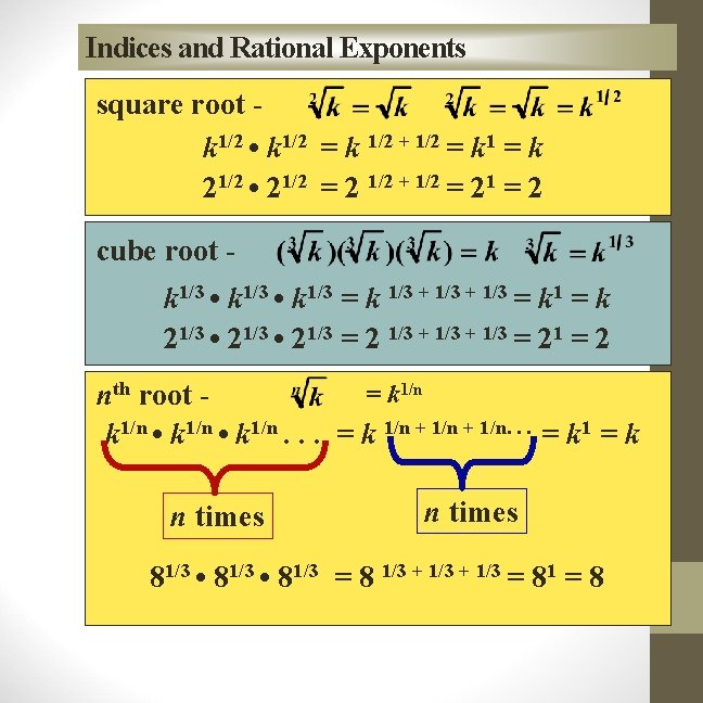Indices and Rational Exponents square root k 1/2 • k 1/2 = k 1/2