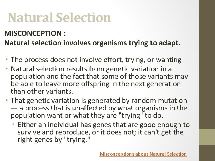 Natural Selection MISCONCEPTION : Natural selection involves organisms trying to adapt. • The process