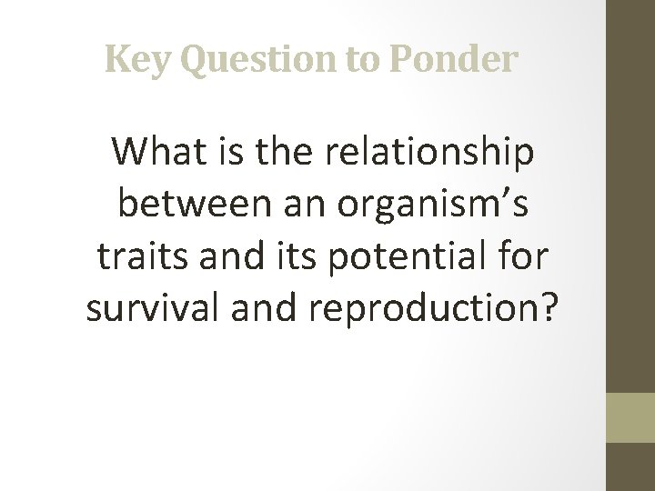 Key Question to Ponder What is the relationship between an organism’s traits and its