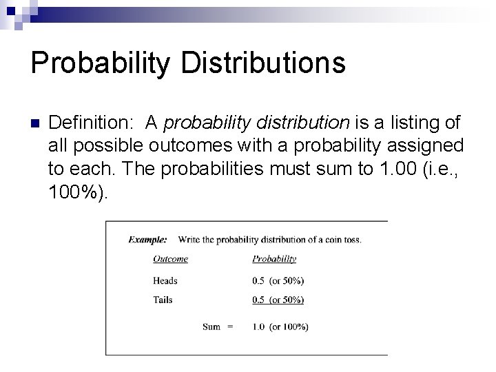 Probability Distributions n Definition: A probability distribution is a listing of all possible outcomes