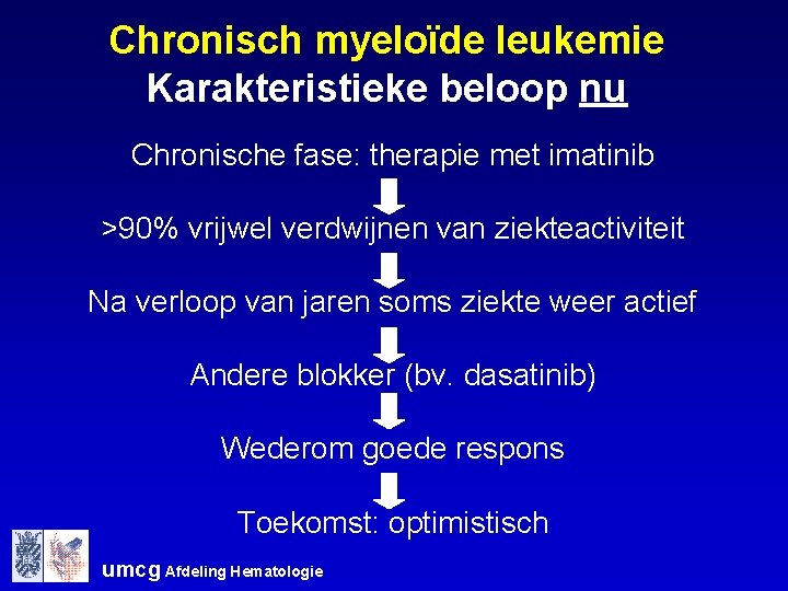 Chronisch myeloïde leukemie Karakteristieke beloop nu Chronische fase: therapie met imatinib >90% vrijwel verdwijnen