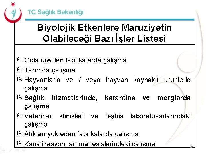Biyolojik Etkenlere Maruziyetin Olabileceği Bazı İşler Listesi Gıda üretilen fabrikalarda çalışma Tarımda çalışma Hayvanlarla Biyolojik Etkenlere Maruziyetin Olabileceği Bazı İşler Listesi Gıda üretilen fabrikalarda çalışma Tarımda çalışma Hayvanlarla