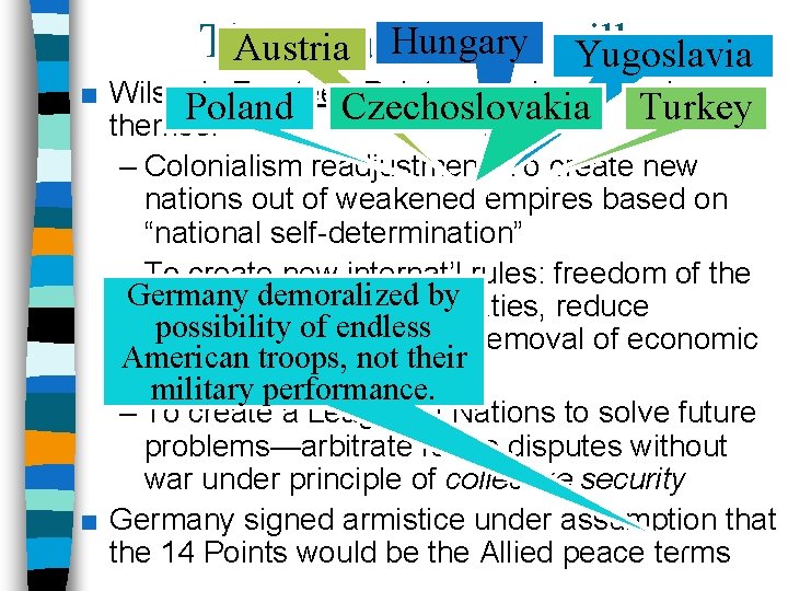 The Treaty. Hungary of Versailles Austria Yugoslavia ■ Wilson’s Fourteen Points contained 3 main