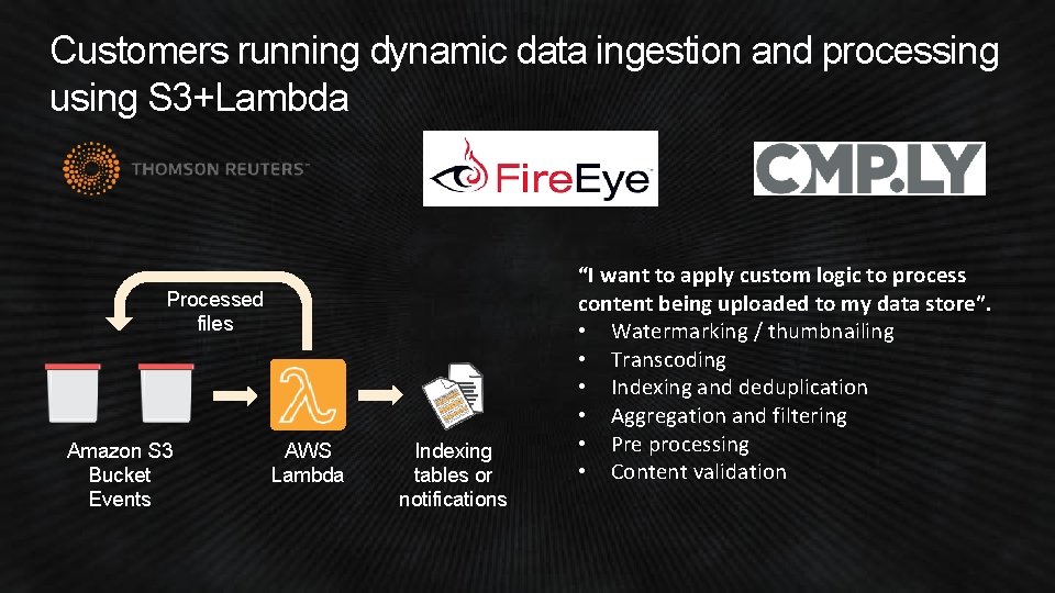 Customers running dynamic data ingestion and processing using S 3+Lambda Processed files Amazon S