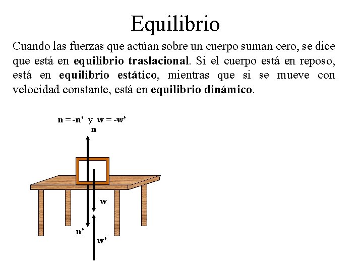 Equilibrio Cuando las fuerzas que actúan sobre un cuerpo suman cero, se dice que