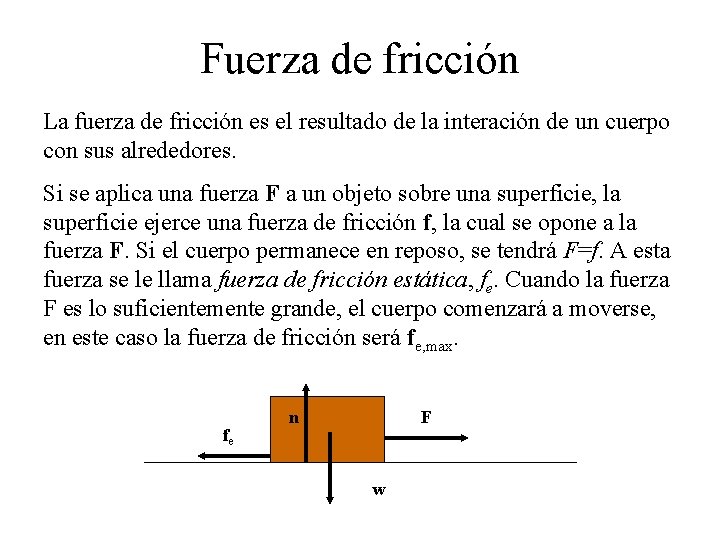 Fuerza de fricción La fuerza de fricción es el resultado de la interación de