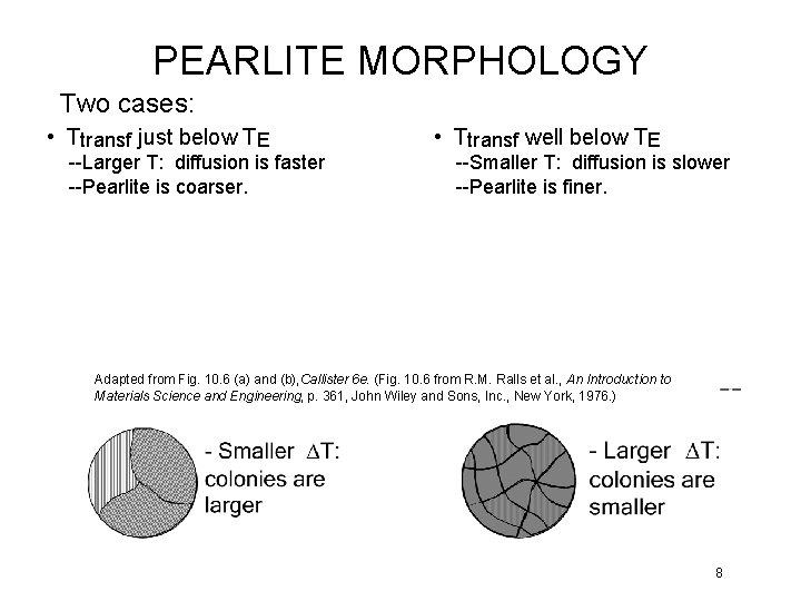 PEARLITE MORPHOLOGY Two cases: • Ttransf just below TE --Larger T: diffusion is faster