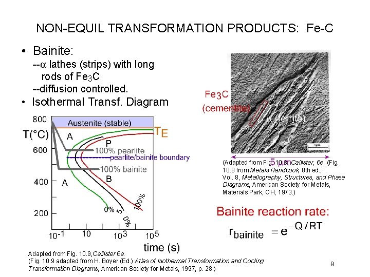 NON-EQUIL TRANSFORMATION PRODUCTS: Fe-C • Bainite: --a lathes (strips) with long rods of Fe