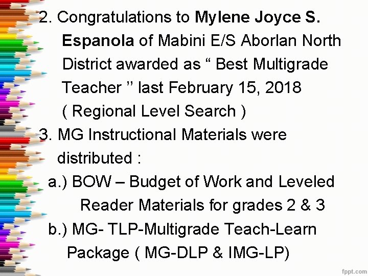 2. Congratulations to Mylene Joyce S. Espanola of Mabini E/S Aborlan North District awarded