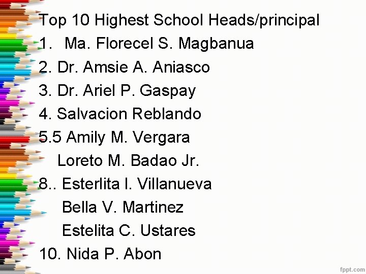 Top 10 Highest School Heads/principal 1. Ma. Florecel S. Magbanua 2. Dr. Amsie A.