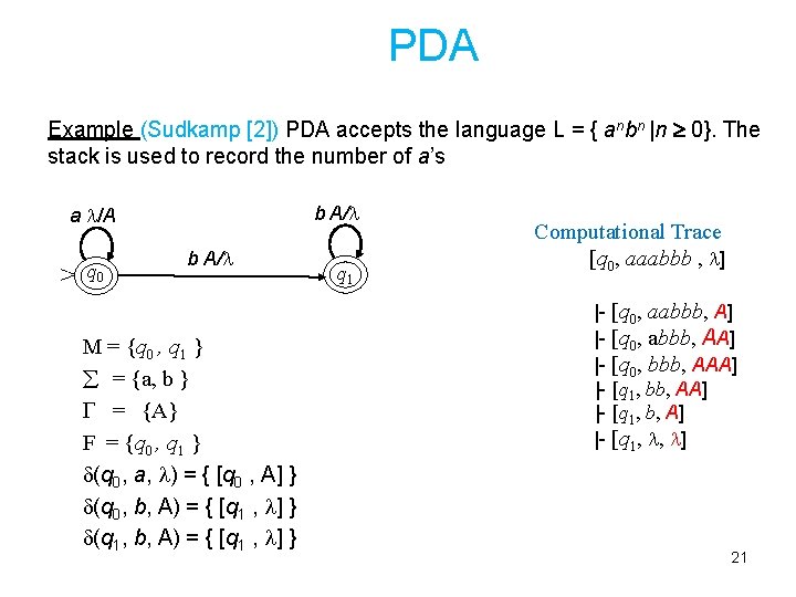  PDA Example (Sudkamp [2]) PDA accepts the language L = { anbn |n