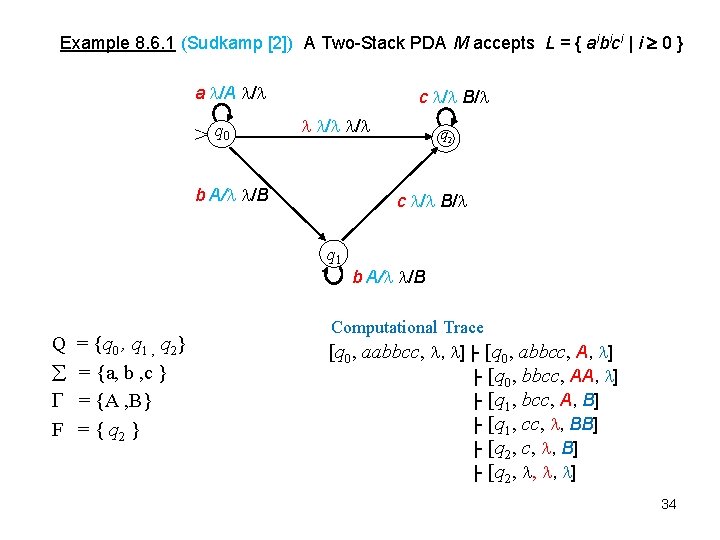 Example 8. 6. 1 (Sudkamp [2]) A Two-Stack PDA M accepts L = {