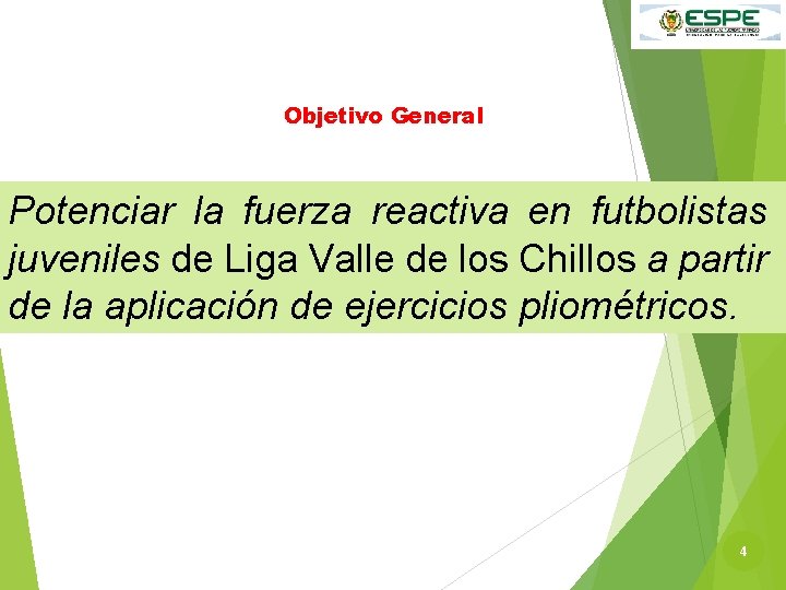Objetivo General Potenciar la fuerza reactiva en futbolistas juveniles de Liga Valle de los