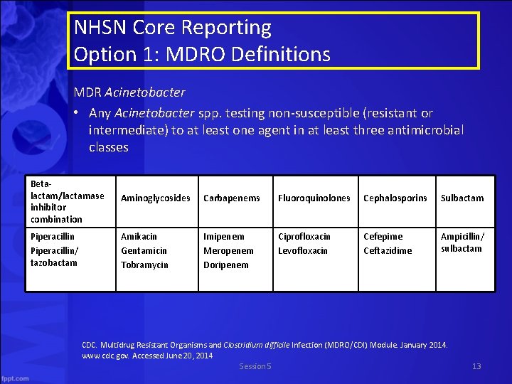 NHSN Core Reporting Option 1: MDRO Definitions MDR Acinetobacter • Any Acinetobacter spp. testing