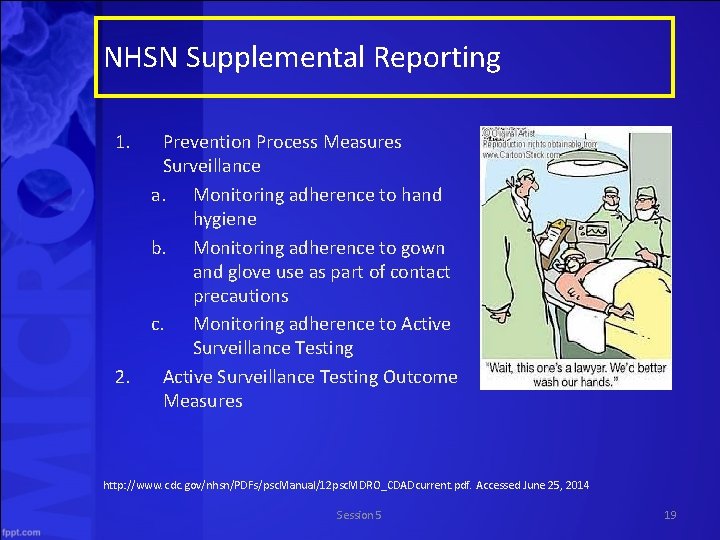 NHSN Supplemental Reporting 1. 2. Prevention Process Measures Surveillance a. Monitoring adherence to hand