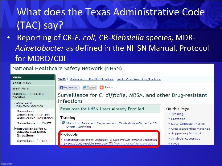 What does the Texas Administrative Code (TAC) say? • Reporting of CR-E. coli, CR-Klebsiella