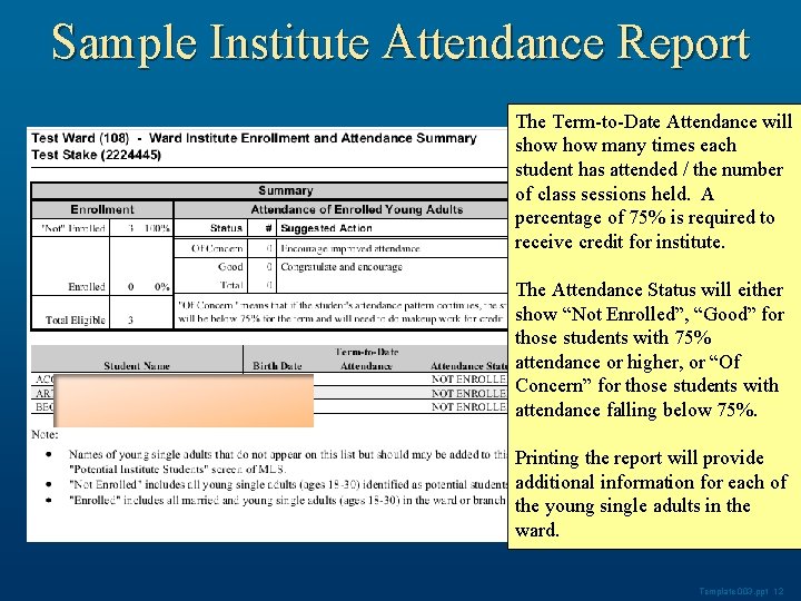 Sample Institute Attendance Report The Term-to-Date Attendance will show many times each student has