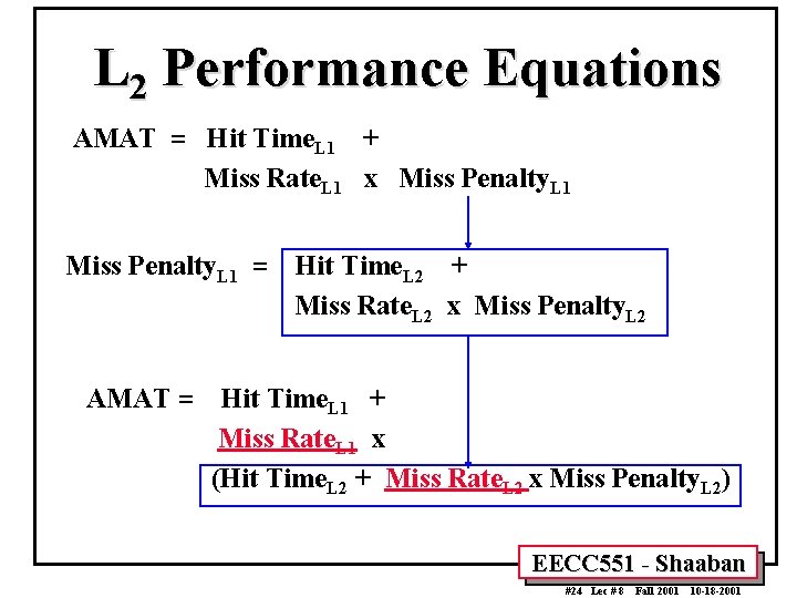 L 2 Performance Equations AMAT = Hit Time. L 1 + Miss Rate. L L 2 Performance Equations AMAT = Hit Time. L 1 + Miss Rate. L