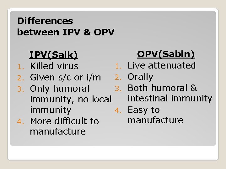 Differences between IPV & OPV 1. 2. 3. 4. IPV(Salk) Killed virus Given s/c
