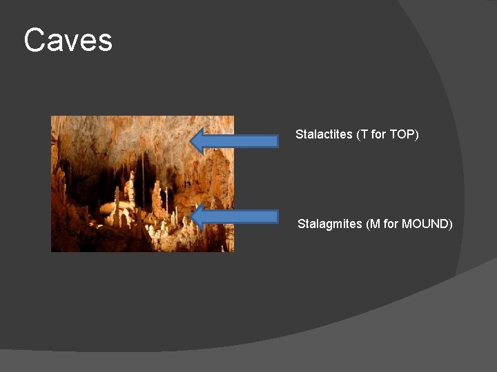 Caves Stalactites (T for TOP) Stalagmites (M for MOUND) Caves Stalactites (T for TOP) Stalagmites (M for MOUND)