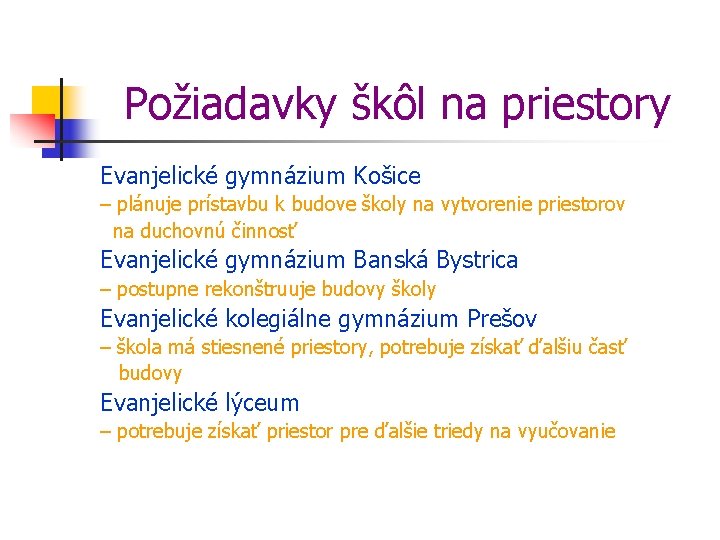 Požiadavky škôl na priestory Evanjelické gymnázium Košice – plánuje prístavbu k budove školy na