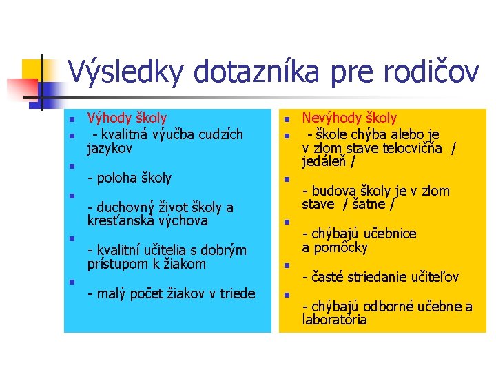Výsledky dotazníka pre rodičov n n n Výhody školy n - kvalitná výučba cudzích