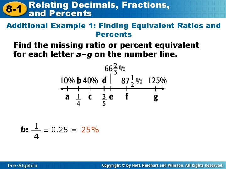 Relating Decimals, Fractions, 8 -1 and Percents Additional Example 1: Finding Equivalent Ratios and