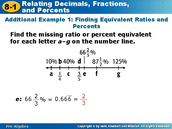 Relating Decimals, Fractions, 8 -1 and Percents Additional Example 1: Finding Equivalent Ratios and
