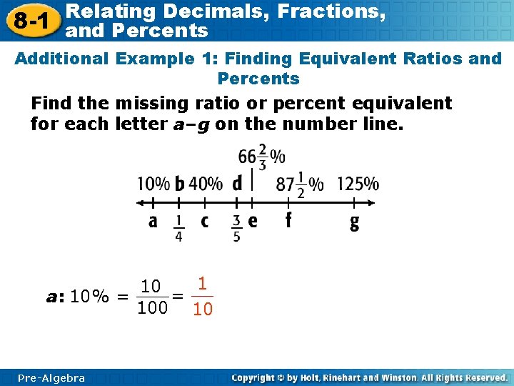 Relating Decimals, Fractions, 8 -1 and Percents Additional Example 1: Finding Equivalent Ratios and