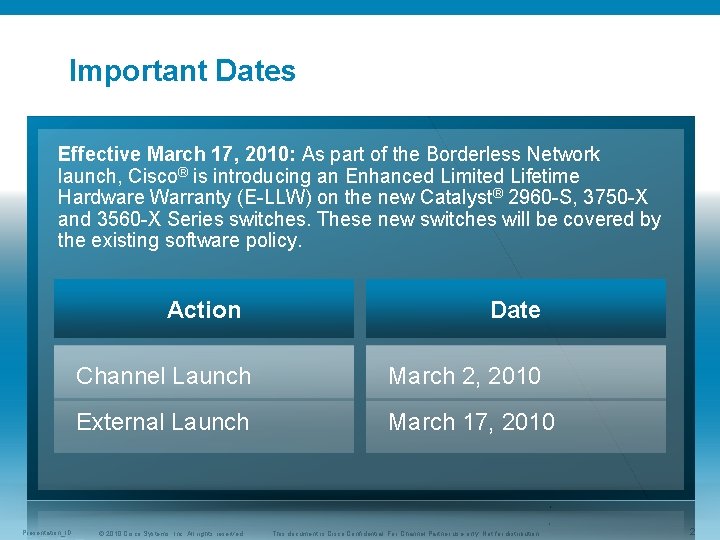 Important Dates Effective March 17, 2010: As part of the Borderless Network launch, Cisco®