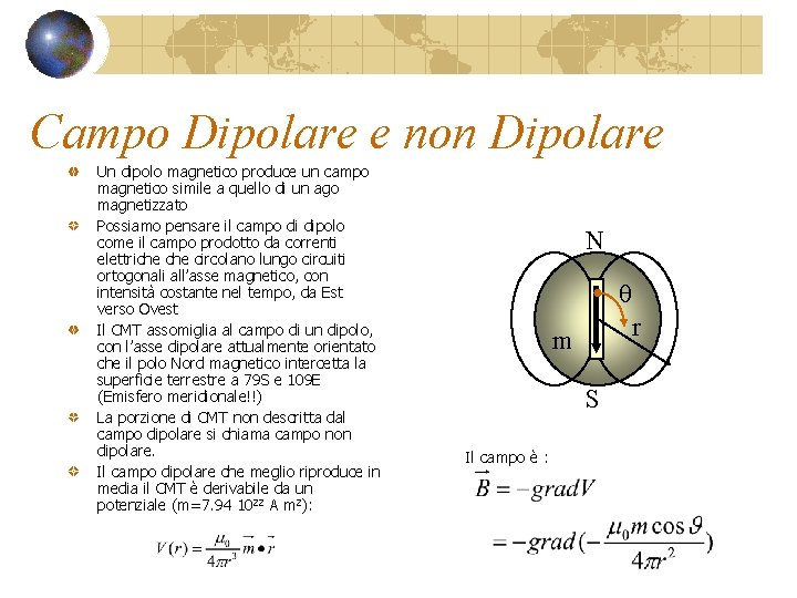 Campo Dipolare e non Dipolare Un dipolo magnetico produce un campo magnetico simile a