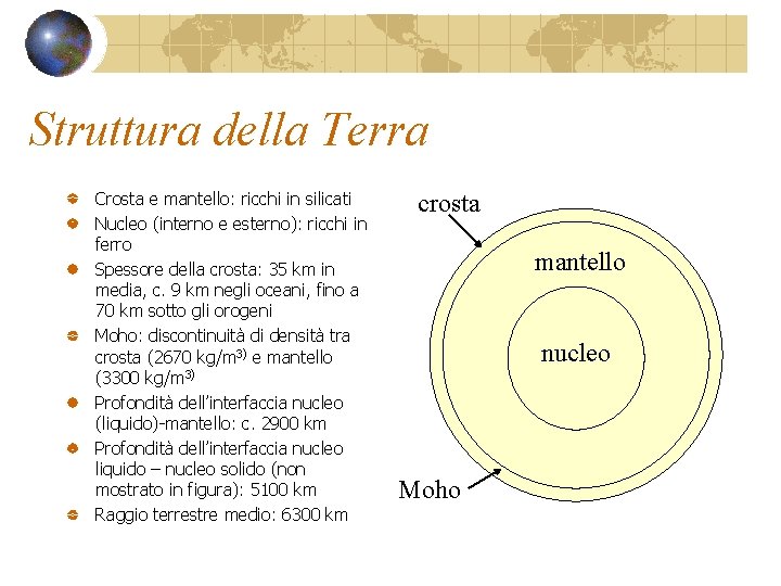 Struttura della Terra Crosta e mantello: ricchi in silicati Nucleo (interno e esterno): ricchi
