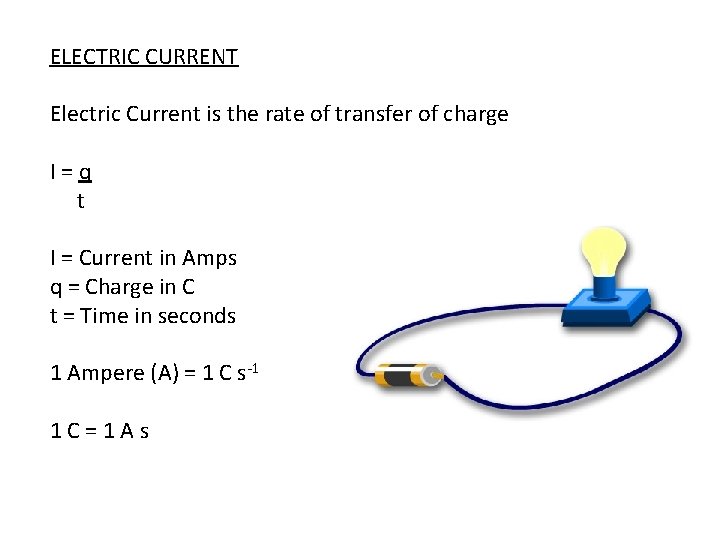 ELECTRIC CURRENT Electric Current is the rate of transfer of charge I=q t I