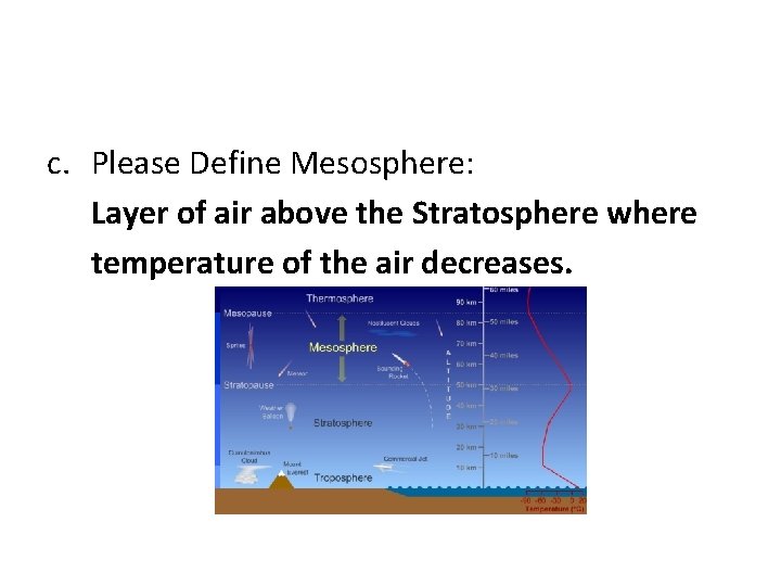 c. Please Define Mesosphere: Layer of air above the Stratosphere where temperature of the