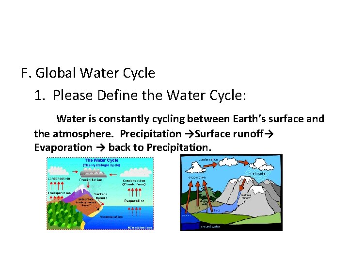 F. Global Water Cycle 1. Please Define the Water Cycle: Water is constantly cycling